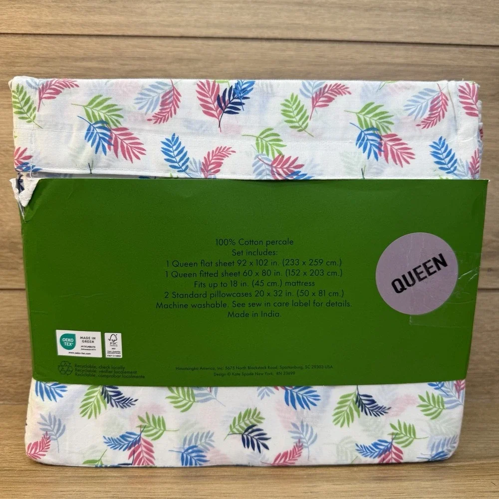 Kate Spade QUEEN Queen Sheet Set 4 PCS 100% Cotton Percale Colorful Leaf